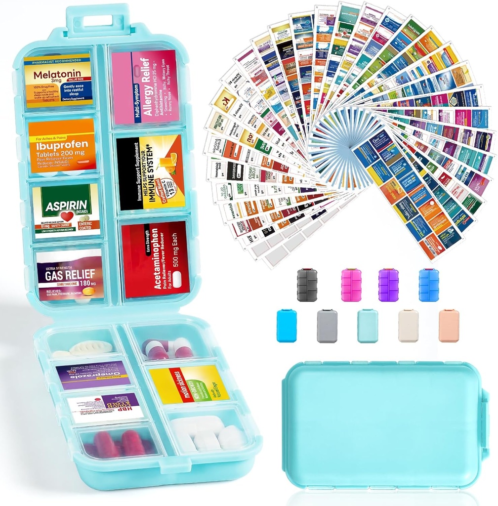 14 Grids Travel Pill Organizer Box με 415-Pcs Medicine Name Labels - Pocket Daily Pharmacy Case Container Kit - Travel Medication Holder Dispenser for Fish Oil Vitamin Supplement Storage - Sky Blue