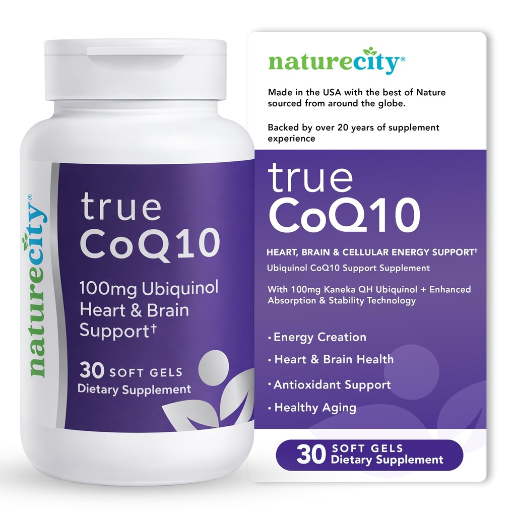 NatureCity True-CoQ10 Ubiquinol 100mg Υψηλή απορροφώμενη και Stablised Kaneka QH CoQ10 Heart, Brain and Cellular Energy Supplement - (30 μαλακά γέλη) Ενεργό CoQ10 ως Ubiquinol