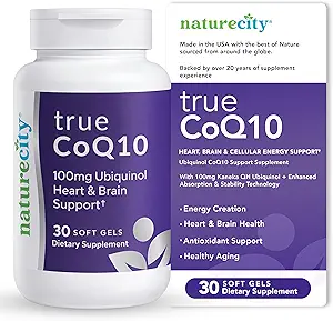 NatureCity True-CoQ10 Ubiquinol 100mg Υψηλή απορροφώμενη και Stablised Kaneka QH CoQ10 Heart, Brain and Cellular Energy Supplement - (30 μαλακά γέλη) Ενεργό CoQ10 ως Ubiquinol