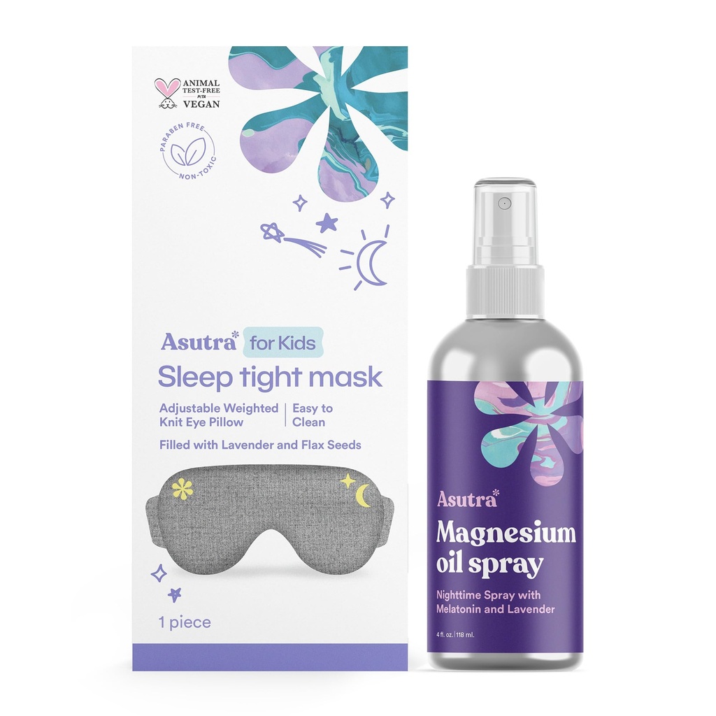 ASUTRA Bundle Set, 2 Products - 1 Gray Cotton Jersey Kids Eye Pillow for Sleep Filled w/Lavender Buds & Flax Seeds and 1 Topical Magnesium Chloride Oil Spray w/Lavender & Melatonin