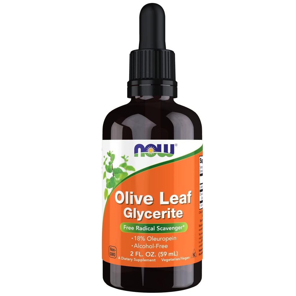 NOW Συμπληρώματα τροφίμων, Olive Leaf Glyceriite Liquid, 18% Oleuropein, Σταγονομετρητής Περιλαμβάνεται, Free Radical Scavenger*, 2-Ounce