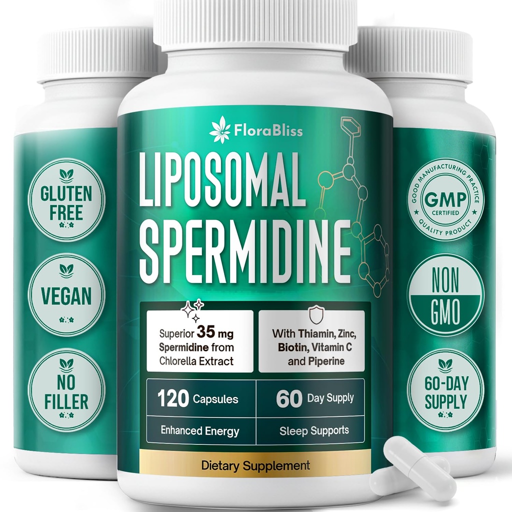 FloraBliss 35mg Liposomal Spermidine with Thiamin, Zinc, Biotin, Vitamin C | Spermidine from Chlorella. 60-Day Supply. 120 Capsules