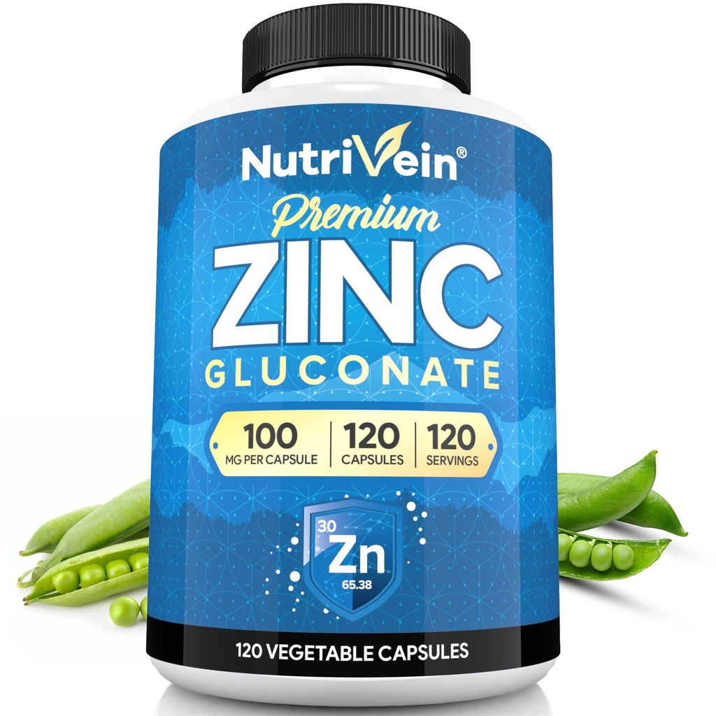 Nutrivein Premium Zinc Gluconate 100mg - 120 Κάψουλες: Υψηλής Απορρόφησης Συμπληρώματα Γλυκονικού ψευδαργύρου για το Well-Baying - Βασικά στοιχεία για την ευεξία
