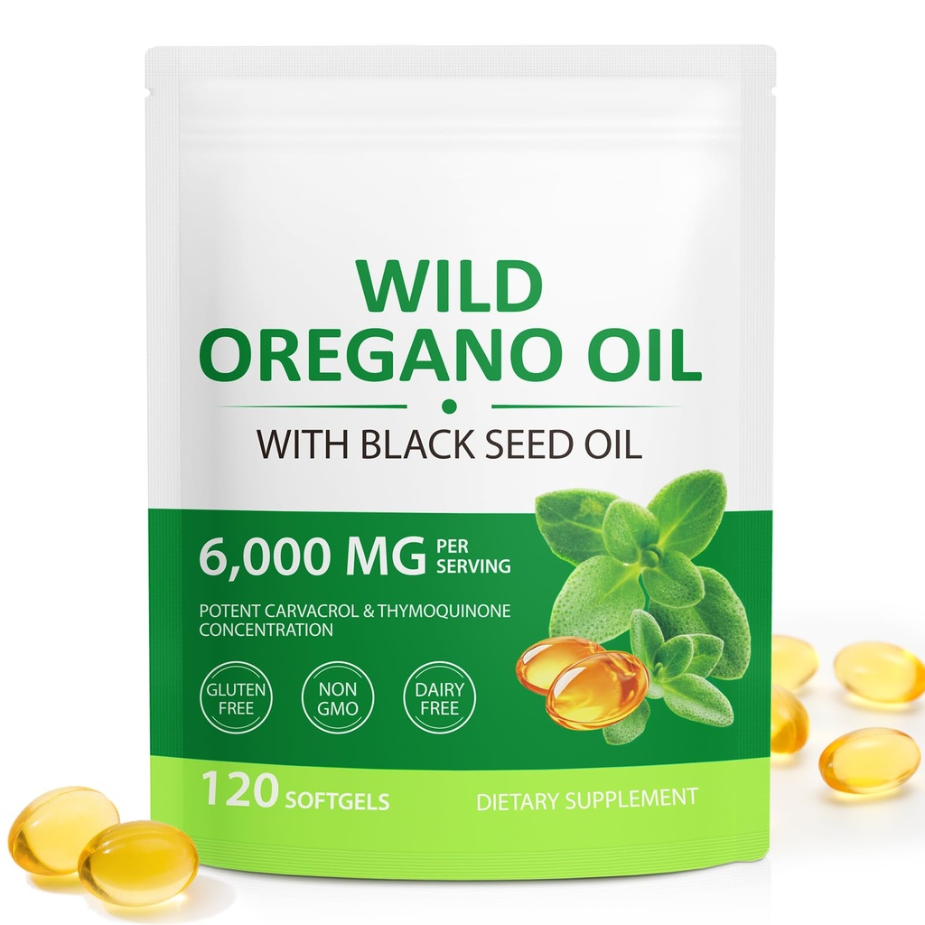 Organic Oil of Oregano Capsules with Black Seed Oil, 6000mg Oregano Oil & 200mg Black Seed Oil per Serving, Immune Support, Non-GMO, Gluten Free, 120 Softgels