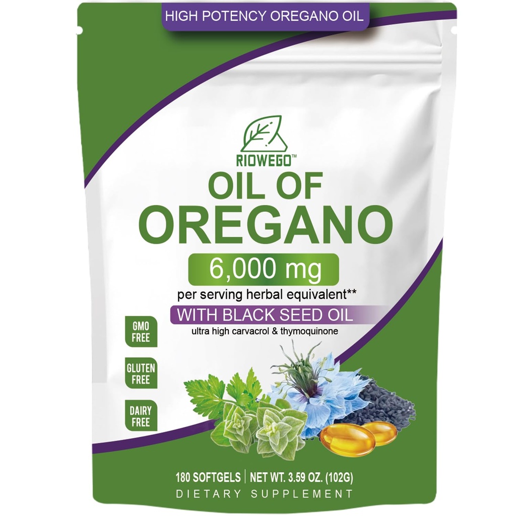 Oil of Oregano Softgels with Black Seed Oil, 6000mg High Potency Oregano Oil Capsules for Immune Support, Gut Function Support, Carvacrol & Thymoquinone, Non-GMO, Gluten Free,180 Softgels