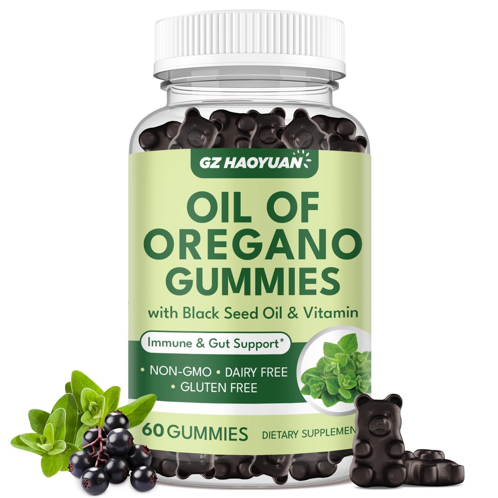 Oil of Oregano Gummies with Black Seed Oil + Vitamin D3, Oregano Oil Organic High Carvacrol, Immune & Digestive Support, Antioxidant Support, 60 Gummies