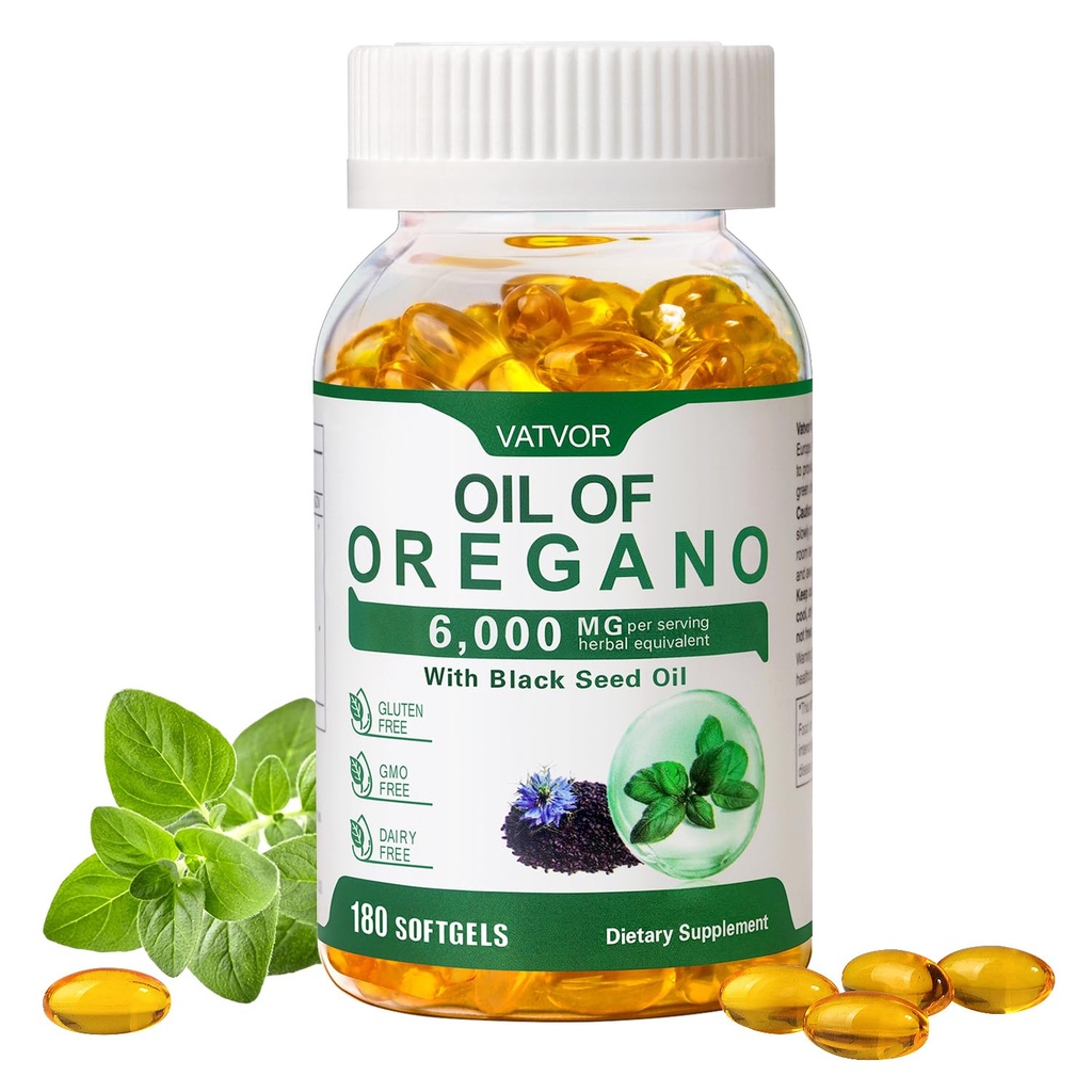 Oil of Oregano with Black Seed Oil,6000mg Oregano oil Per Serving, 180 Count Oregano oil capsules, with 4X Strength of Carvacrol&Thymoquinone for Immune&Digestive Support, Non-GMO, Herbal Supplement