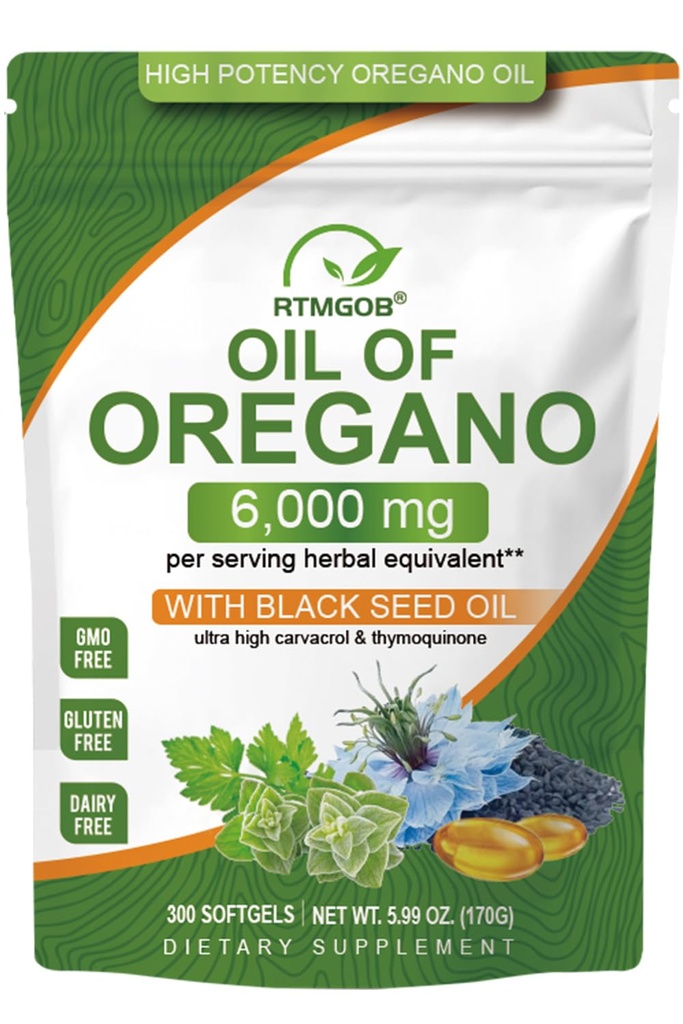 Oil of Oregano Softgels with Black Seed Oil Supplements,2 in 1 Oregano Supplement for Immune Health |Retains High Concentrated Carvacrol & Thymoquinone,Non-GMO-300 Softgels