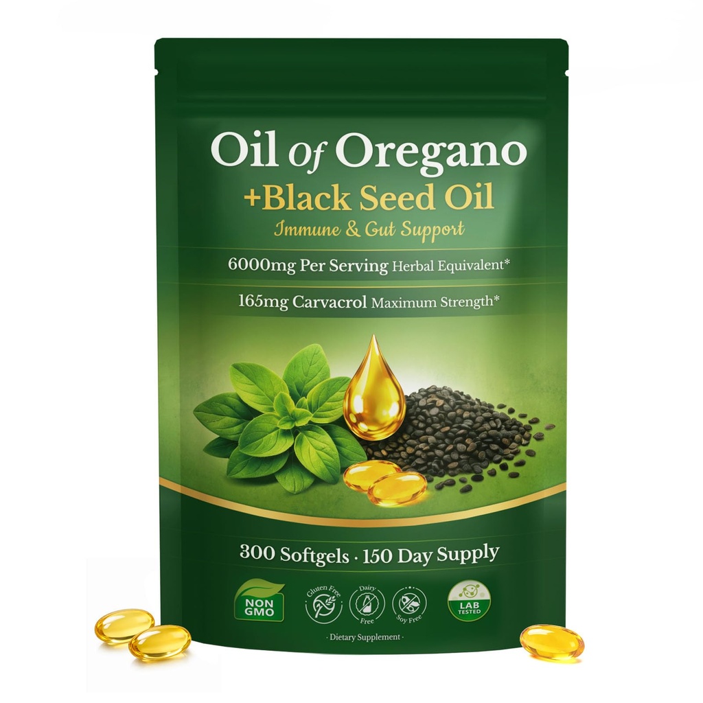 Oil of Oregano with Black Seed Oil Softgels , low odor, 300 Count (TF25) | 2-in-1 Oregano extract formula, Non-GMO, Gluten-Free, Dairy-Free, Soy-Free, Easy-to-Take, Supports daily vitality.