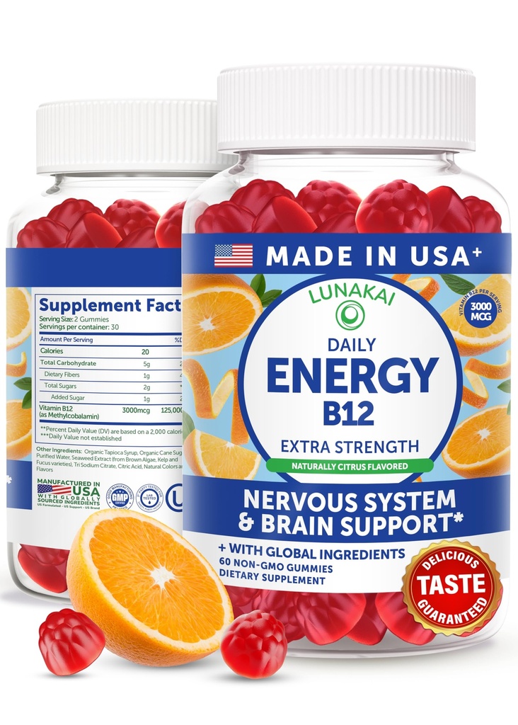 Lunakai USA Made Vegan Energy Gummies – Daily Energy Supplements – 3000mcg Vitamin B12 Gummies for Women & Men – for Home or On‑the‑Go Use, 60ct