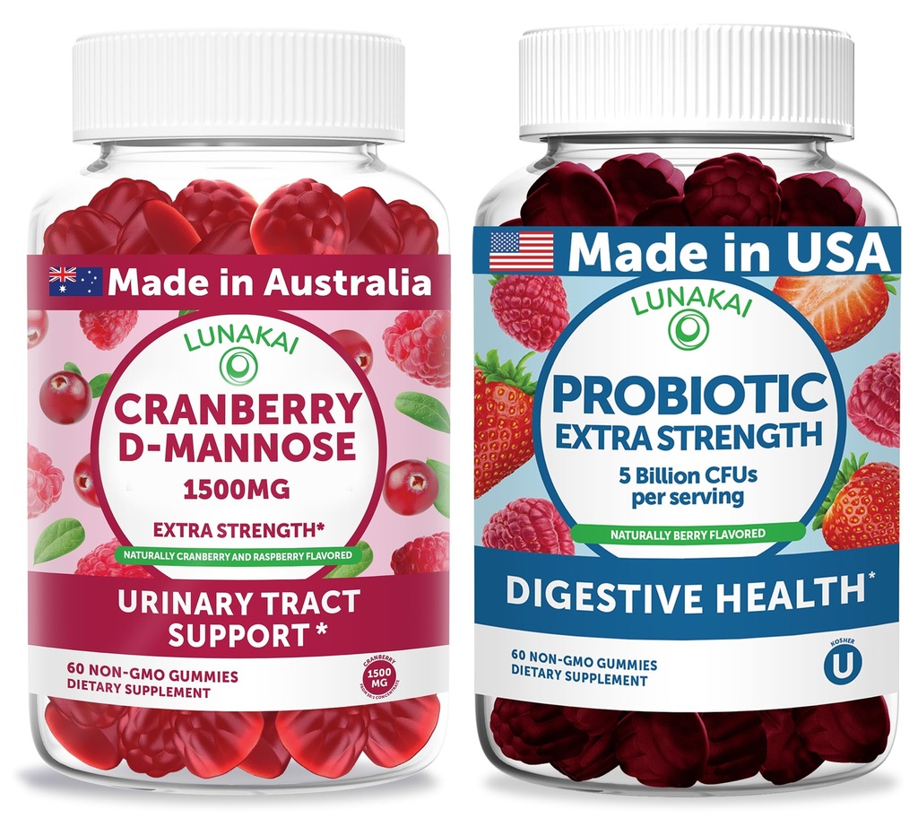 Lunakai Cranberry D-Mannose + Probiotic Extra Strength Gummies Bundle – Naturally Flavored, Non-GMO – 60ct Each