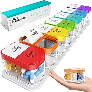 Odaro Extra Large Weekly Pill Organizer, XL Pill Box 7 Day Am Pm, Jumbo Medicine Organizer 2 φορές την ημέρα για να κρατήσει την καθημερινή ιατρική βιταμίνη και συμπληρώματα - Rainbow