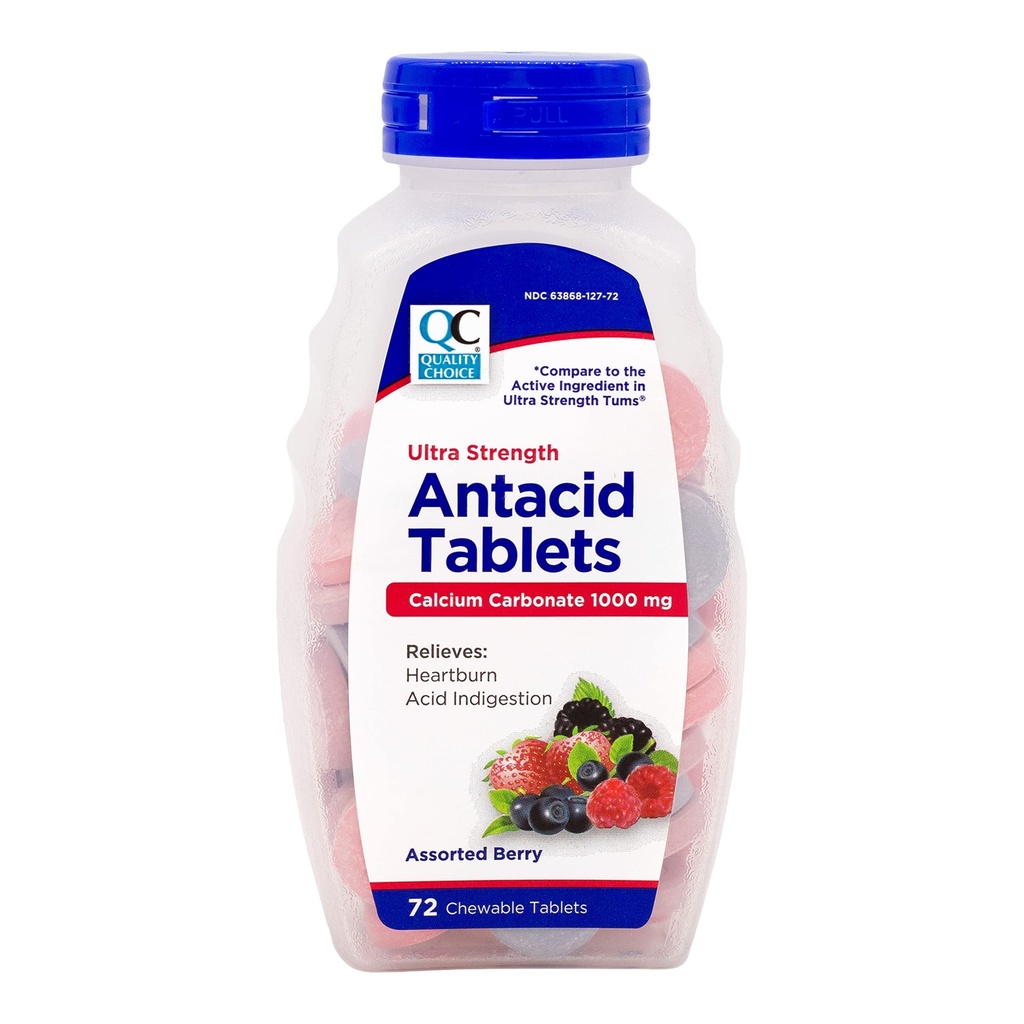 Quality Choice Ultra Strength Antacid Tablets, Heartburn and Acid Indigestion Relief, Calcium Carbonate 1000 mg, Berry Flavored, Chewable Tablets, 72 Count