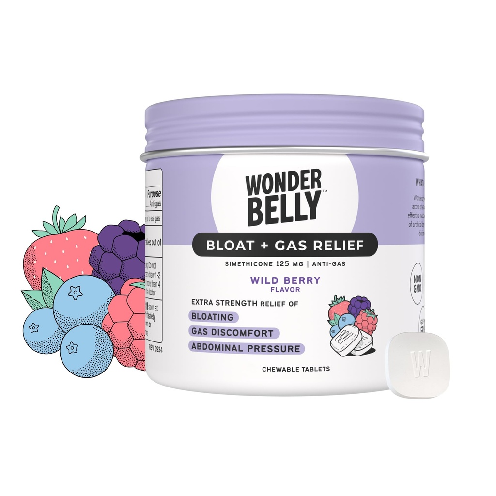 Wonderbelly Bloat Gas Relief Extra Strength Chewable Tablets with 125 mg Simethicone No Talc or Dye Wild Berry 35 Count