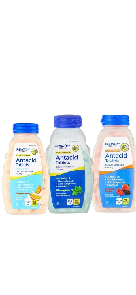 Equate Extra Strength Sugar-Free Antacid Chewable Tablets, Orange Cream,Wintergreen,Assorted Berries Flavor, (Pack of 3) by Kwabossal