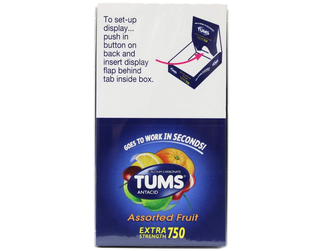 TUMS Antacid Calcium Carbonate Chewable Tablets, Assorted Fruit, Extra Strength 750, 12 Rolls per Display Box, 8 Count per Roll (3 Display Boxes)