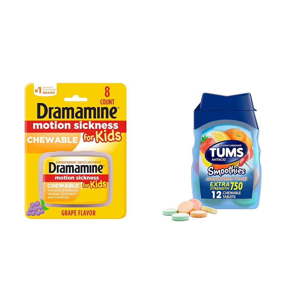 Dramamine Kids Chewable Motion Sickness Relief Grape 8 Count and TUMS Smoothies Extra Strength Heartburn Relief Assorted Fruit Antacid 12 Count