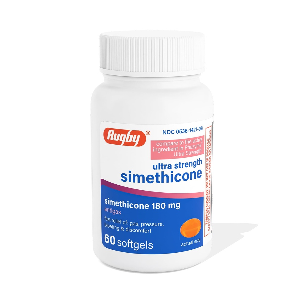 Rugby Ultra Strength Simethicone Gas Relief 180 mg - Maximum Relief for Adults - May Help with Symptoms of Flatulence & Bloating - 60 Softgels (1 Pack)