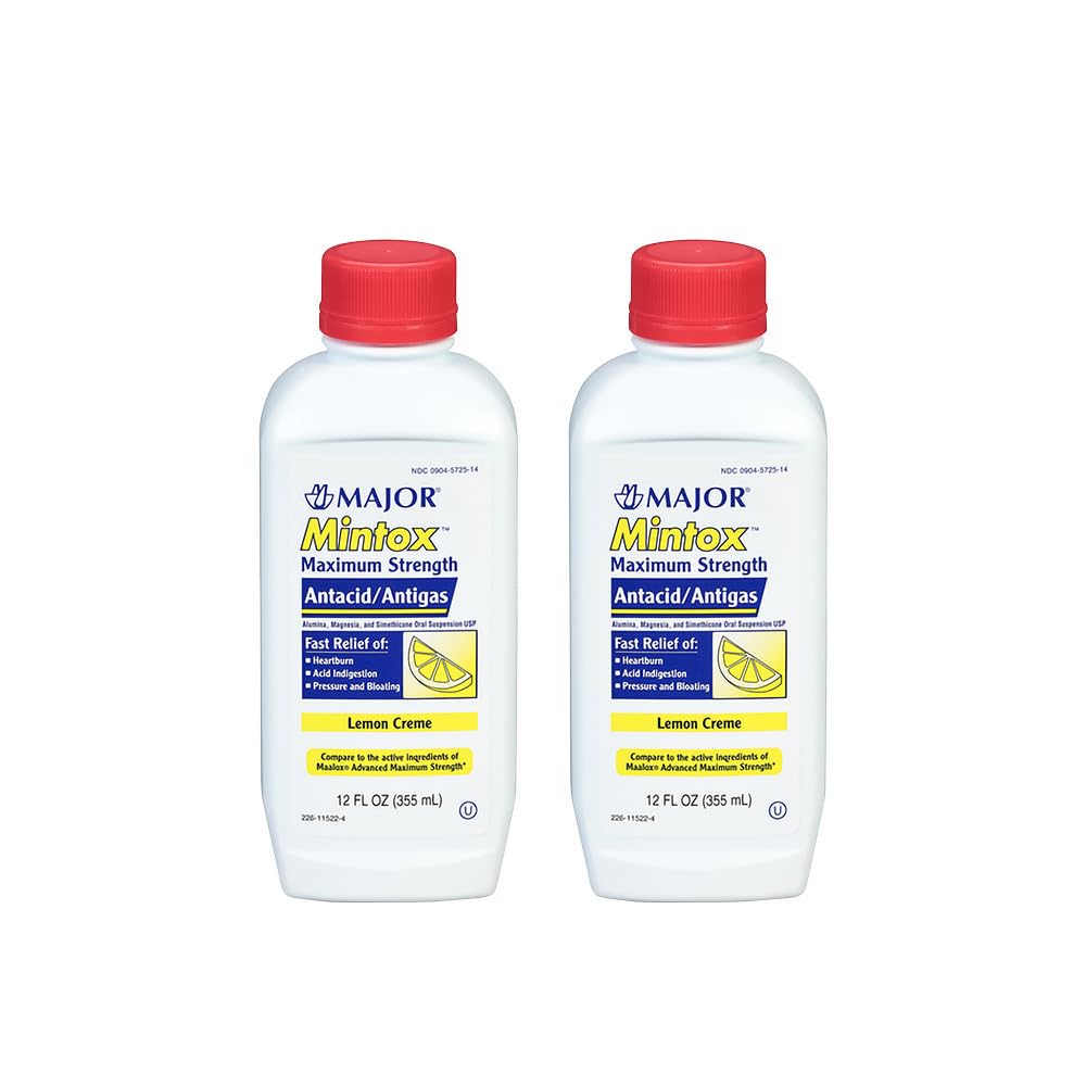 MAJOR Mintox Maximum Strength Antacid/Antigas for Fast Relief of Heartburn, Acid Indigestion, Pressure, Bloating - Lemon Creme - 12 Fl Oz (355 mL) (2 Pack)