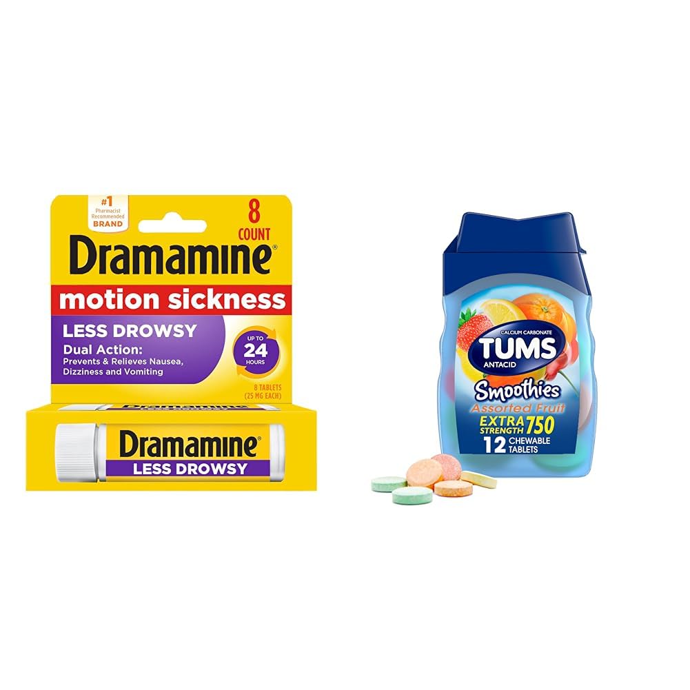 Dramamine Motion Sickness 8 Count and TUMS Antacid Chewable Tablets Extra Strength Fruit Flavor 12 Count Bundle
