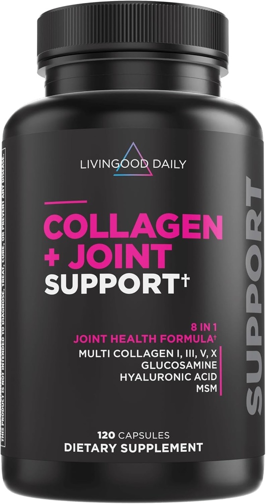 Livingood Daily Collagen + Κοινή Υποστήριξη, Grass Fed Multi Collagen Peptides I III V X με Υαλουρονικό οξύ, Κοινή Συμπλήρωμα Υποστήριξης για γυναίκες & άνδρες, Καρφάκια Δέρματος, Keto & Χωρίς Γλουτένη, 120 κάψουλες