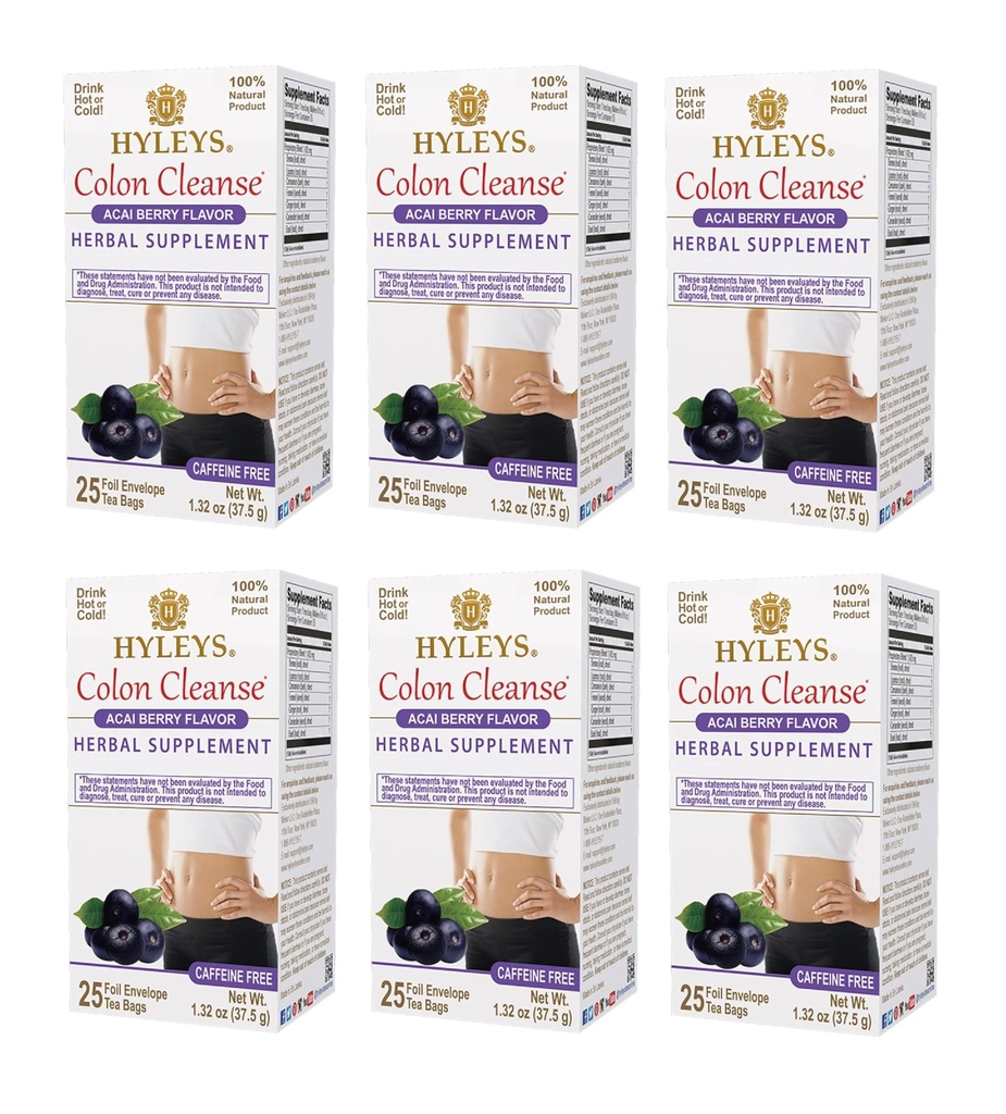 HYLEYS Colon Cleanse Tea, Acai Berry Flavor - 150 Individually Wrapped Herbal Tea Bags (6 Pack of 25) - Caffeine Free, Vegan