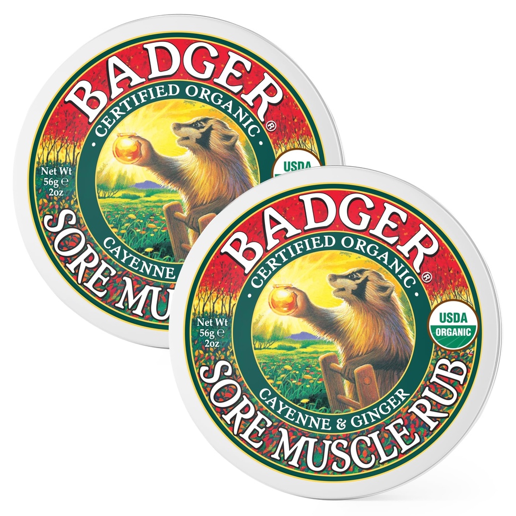 Badger Sore Muscle Rub, 100% Organic Sore Muscle Cream, Cayenne & Ginger Warming Sore Muscle Relief, Recovery & Relaxation, Long Lasting, Great Smelling, 2 oz Tin, 2-Pack