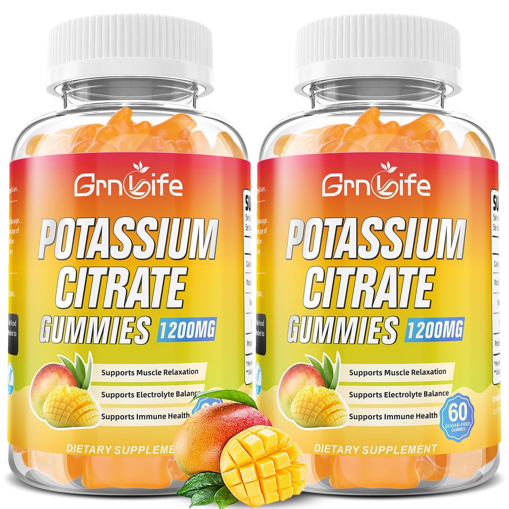Κάλιο Κιτρικό Gummies, Υψηλή Gummies συμπλήρωμα κάλιο 1200mg πόδια στήριξης Cramps & μυϊκή υγεία, Κάλιο Gummies για ενήλικες & παιδιά, Vegan, Mango Γεύση 120 κόμης