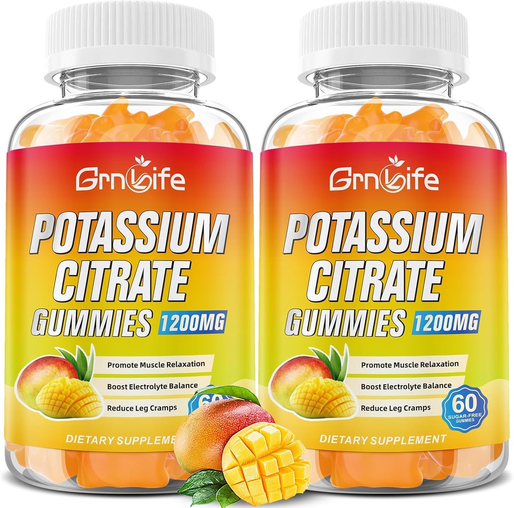 Κάλιο Κιτρικό Gummies, Υψηλή Gummies συμπλήρωμα κάλιο 1200mg πόδια στήριξης Cramps & μυϊκή υγεία, Κάλιο Gummies για ενήλικες & παιδιά, Vegan, Mango Γεύση 120 κόμης