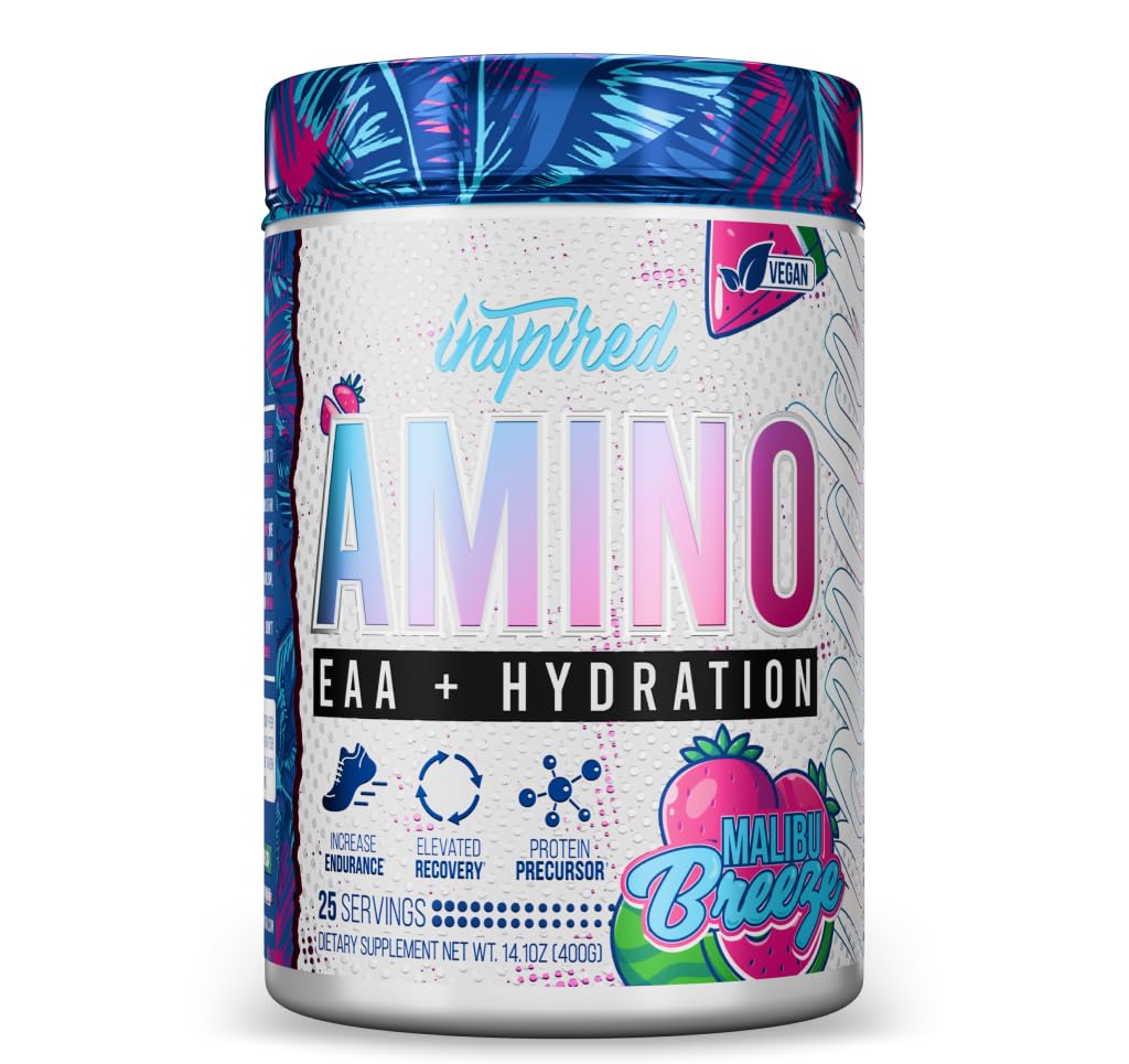 Inspired Amino Essential Amino Acids Powder + Hydration | Vegan EAA and BCAA Powder | EAAs + BCAAs + Amino Energy Supplement plus Coconut Water + Hyaluronic Acid + Aquamin Sea Minerals (Malibu Breeze)