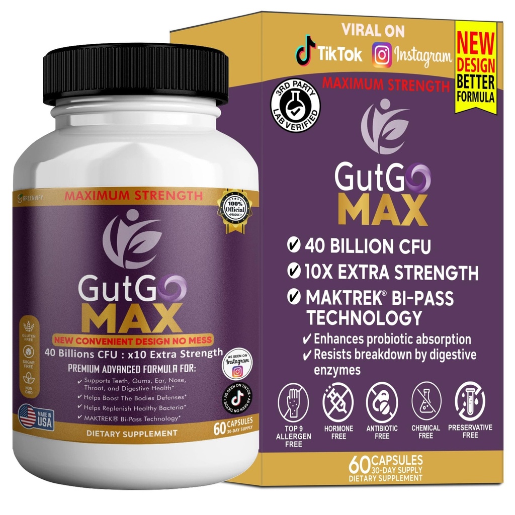 GutGo Max Probiotic Supplement, 40 Billion CFU, 60 Capsules, Maximum Strength, Gluten Free, Sugar Free (1)