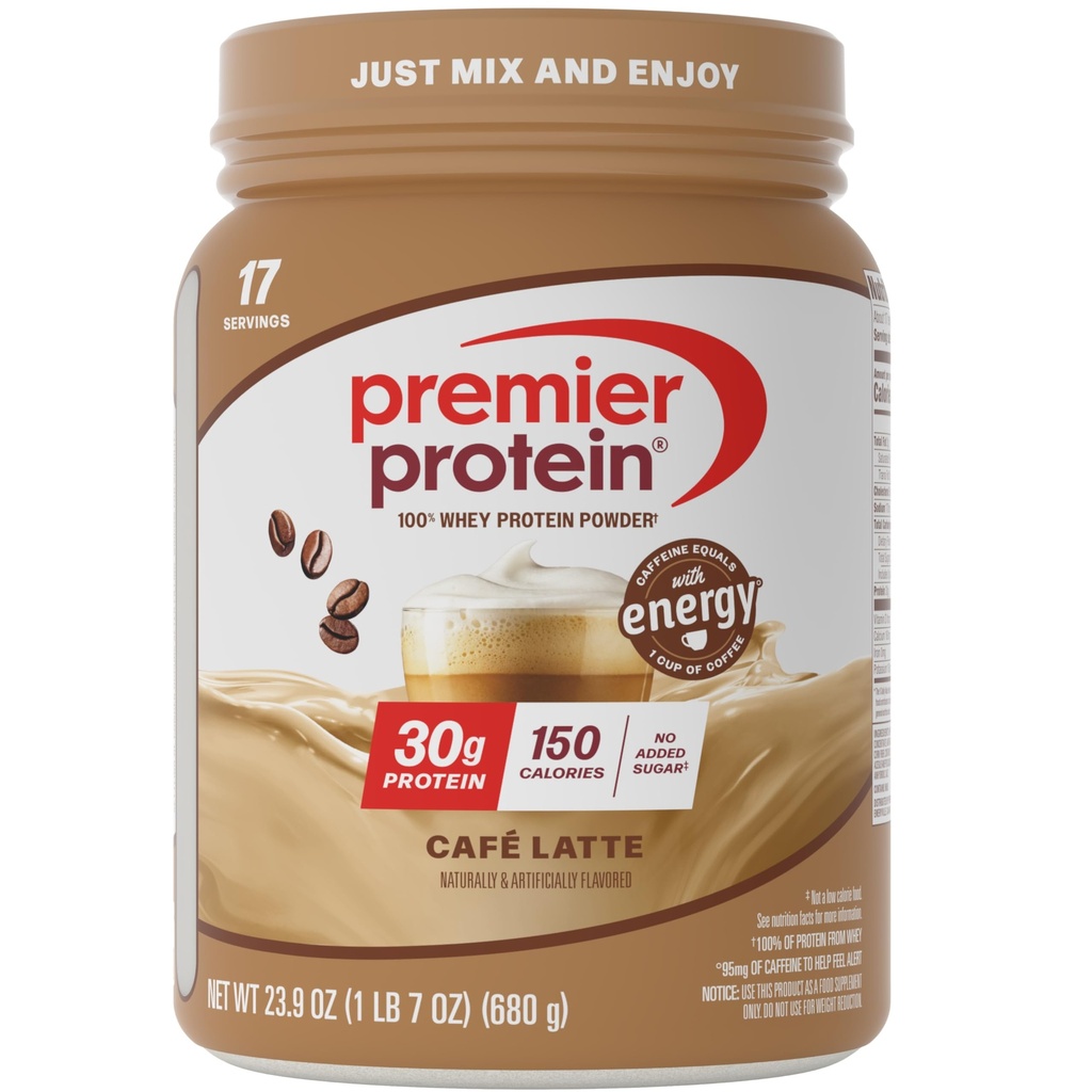 Premier Protein Powder, Café Latte, 30g πρωτεΐνη, 1g ζάχαρη, 100% πρωτεΐνη Whey, Keto φιλικό, χωρίς γλουτένη, χωρίς σόγια, 95mg καφεΐνη για την ενέργεια, 23.9 oz (17 σερβίτσια)