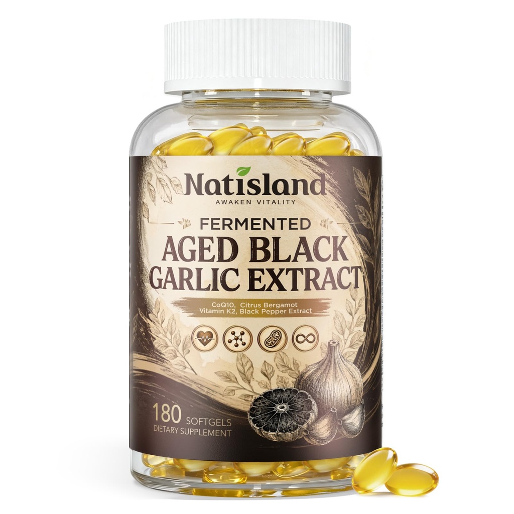 Aged Black Garlic Extract Softgels, Odorless Organic Garlic Supplements with SAC, CoQ10 & Citrus Bergamot for Heart Health & Immune Support, 180 Softgels