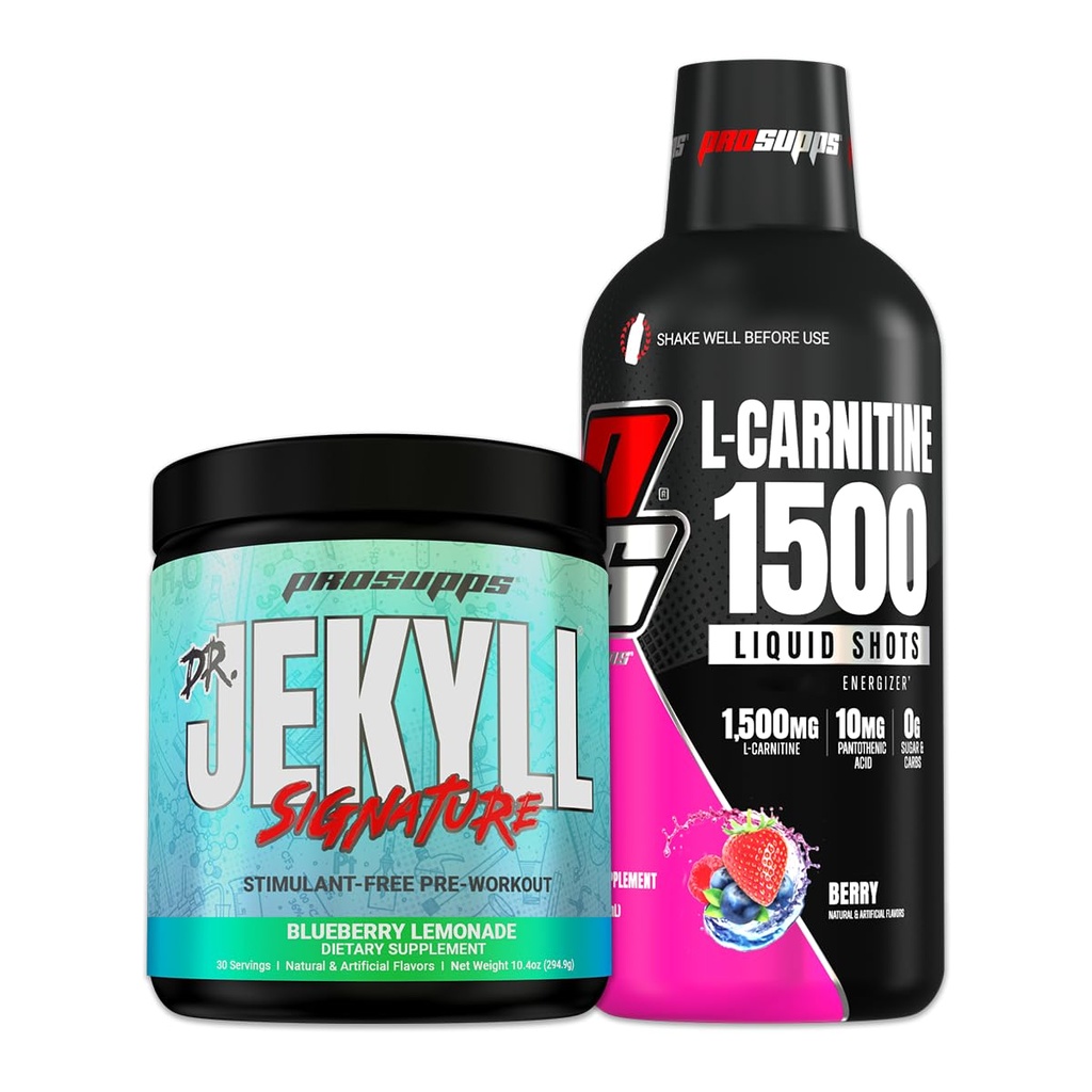 ProSupps L-Carnitine 3000 Stimulant Free Liquid Shots (Berry) Dr. Jekyll Signature Intense Focus, Energy & Pumps Pre-Workout Powder (Blueberry Lemonade) Bundle