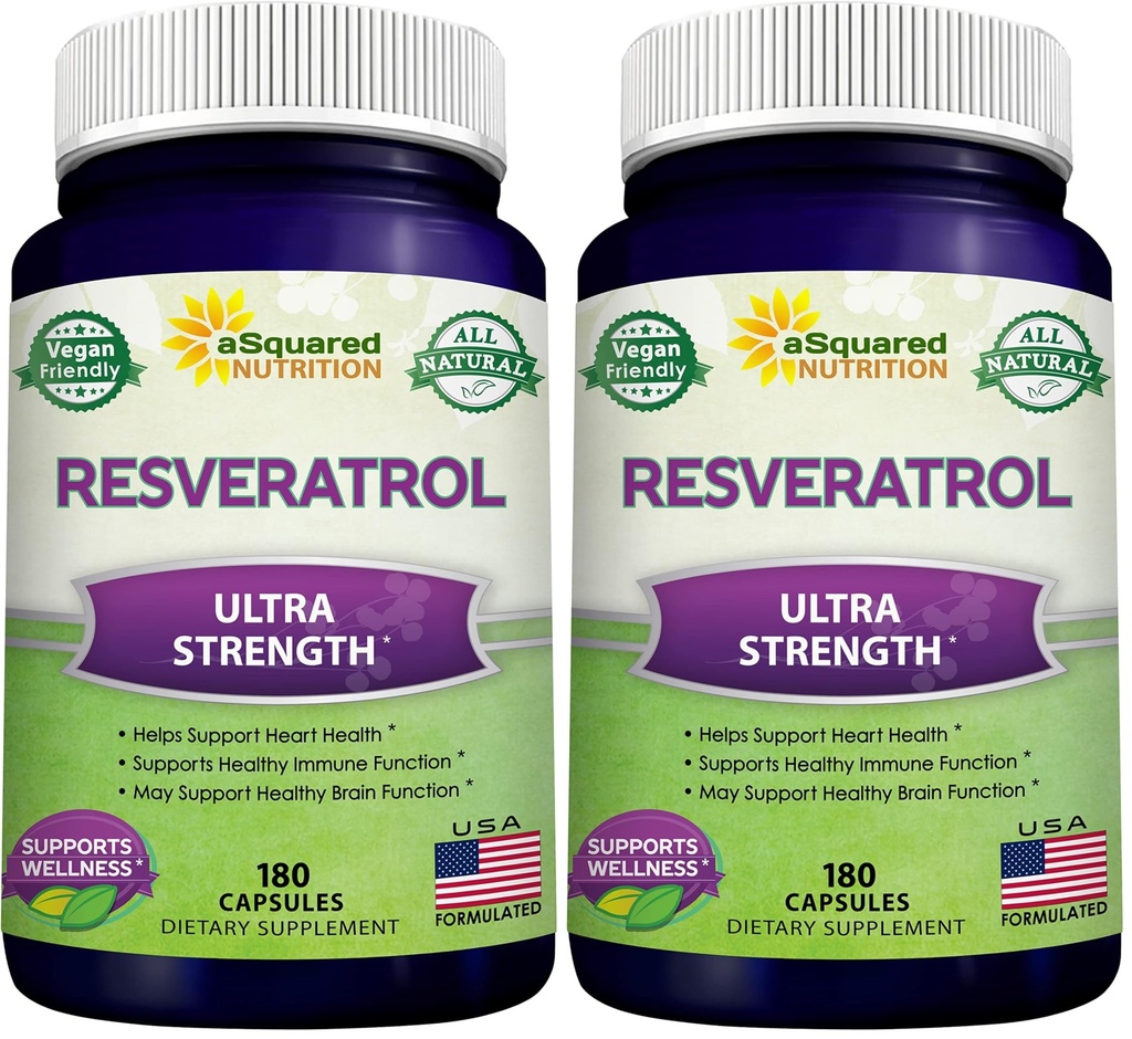100% Natural Resveratrol - 1000mg Per Serving Max Strength (180 Capsules) Antioxidant Supplement, Trans-Resveratrol Pills for Heart Health & Pure, Polyphenols (Pack of 2)