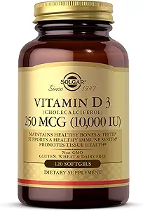 Solgar Vitamin D3 (Cholecalciferol) 250 MCG (10.000 IU), 120 Softgels - Βοηθά στη διατήρηση υγιή οστά & δόντια - Υποστήριξη ανοσοποιητικού συστήματος - Μη ΓΤΟ, Χωρίς γλουτένη, Χωρίς γαλακτοκομικά - 120 Σερβιέτες
