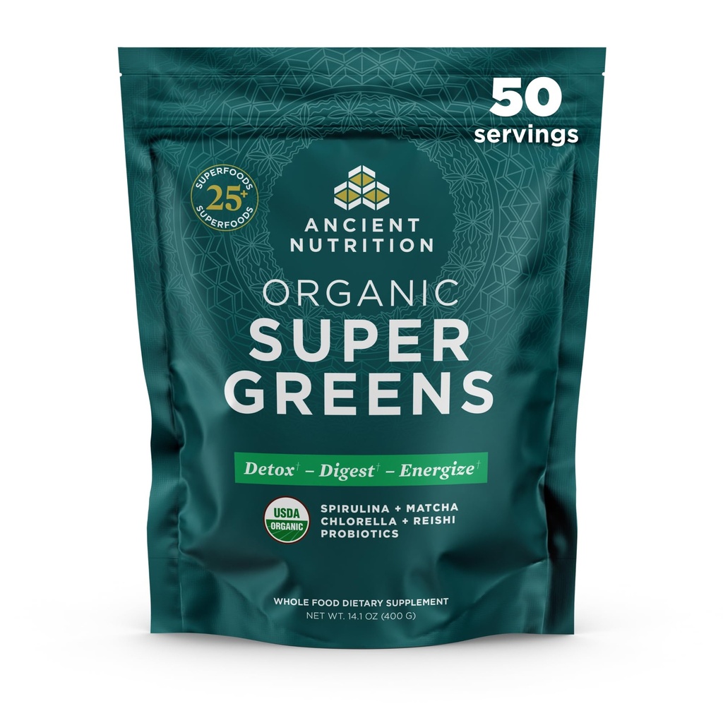 Ancient Nutrition Super Greens Powder, Organic Superfood Powder with Probiotics Made with Spirulina, Chlorella, Matcha, and Digestive Enzymes, 50 Services, 14,1 oz