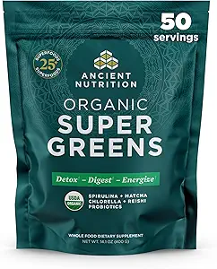 Ancient Nutrition Super Greens Powder, Organic Superfood Powder with Probiotics Made with Spirulina, Chlorella, Matcha, and Digestive Enzymes, 50 Servings, 14.1 oz