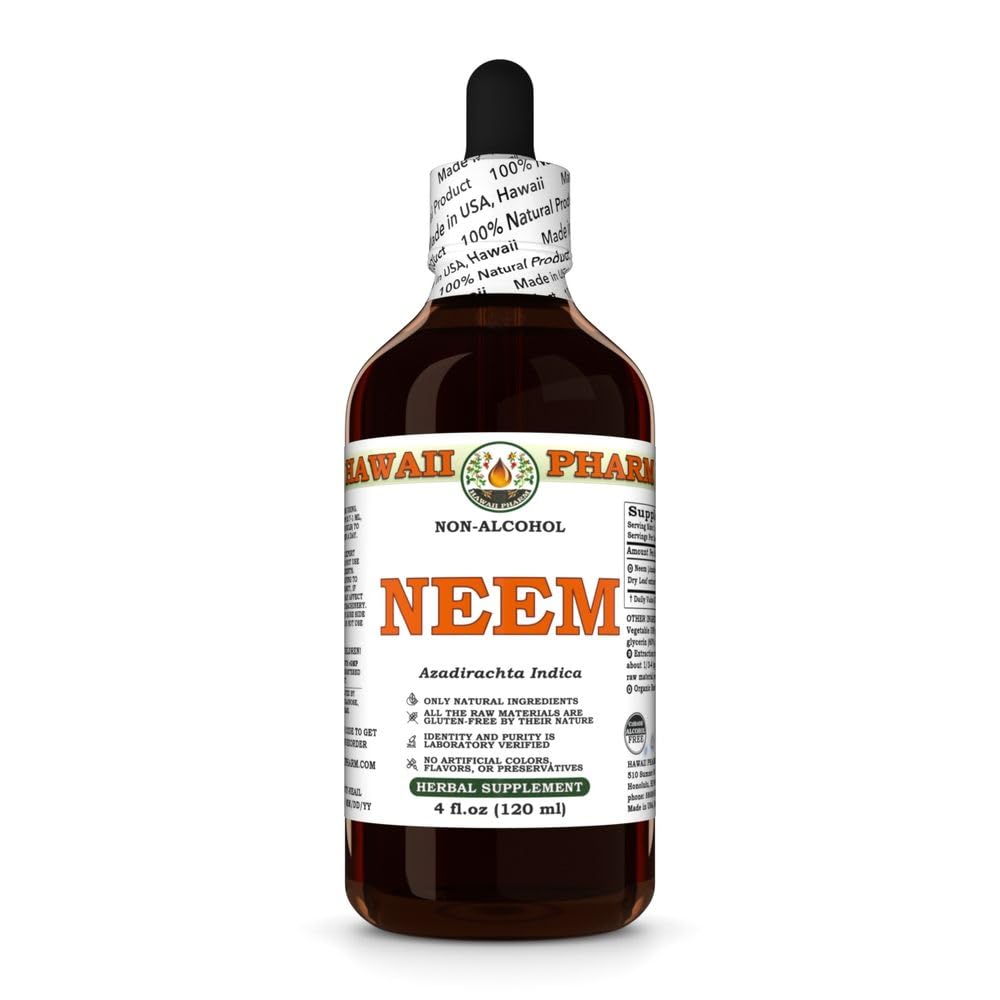Hawaii Pharm Neem Alcohol-Free Liquid Extract, Professional Grade, Small Batch Neem (Azadirachta Indica) Dried Leaf Glycerite 4 oz
