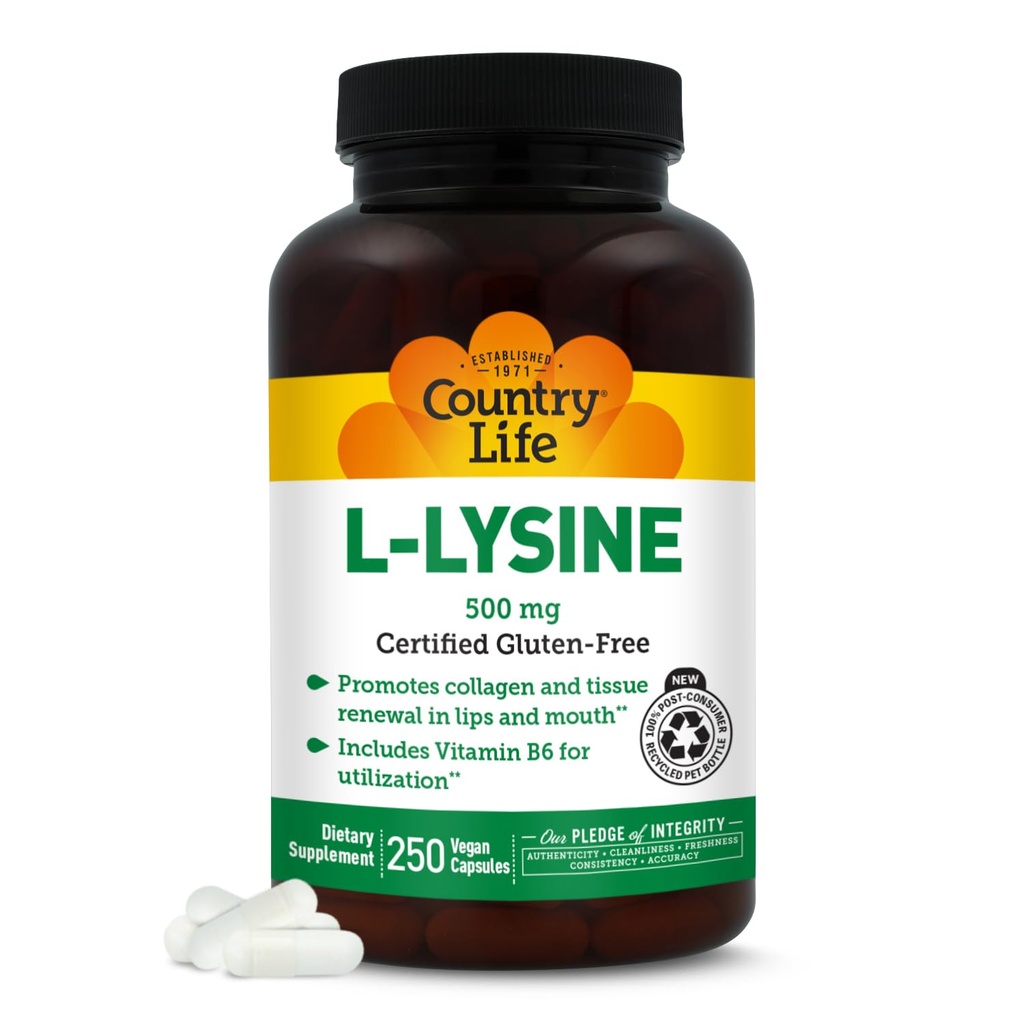 Country Life L-Lysine 500mg με B-6, Υποστηρίζει την Ανοσοποιητική Υγεία, προωθεί την ανανέωση κολλαγόνου σε χείλη και στόμα, 250 κάψουλες Vegan, Certified Gluten Free, Certified Vegan