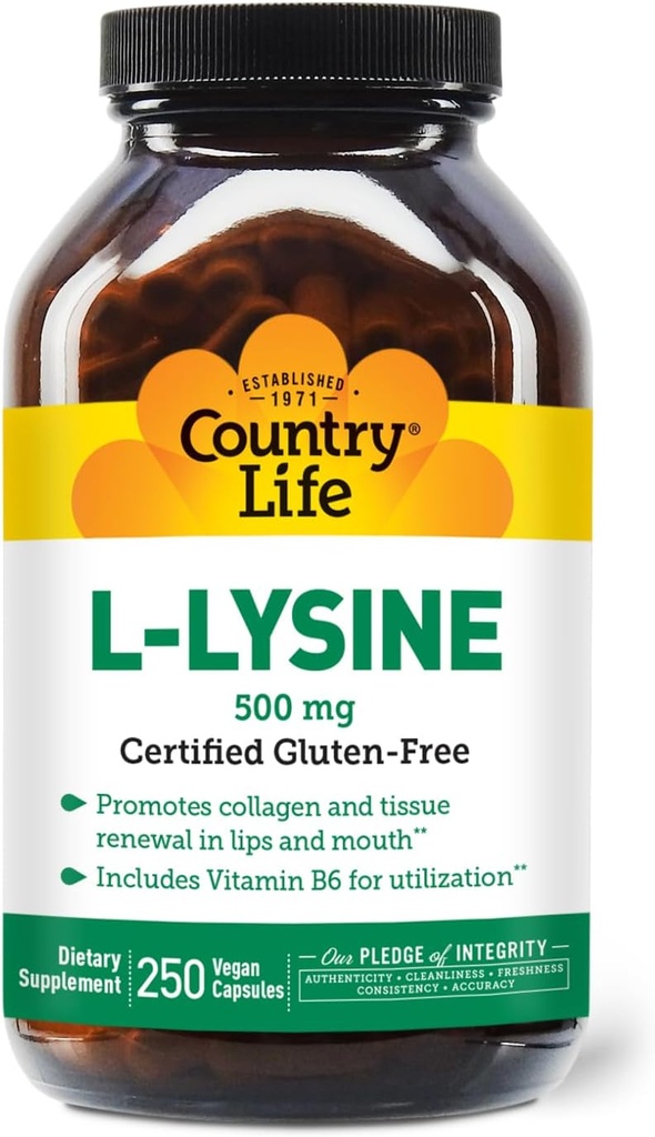 Country Life L-Lysine 500mg με B-6, Υποστηρίζει την Ανοσοποιητική Υγεία, προωθεί την ανανέωση κολλαγόνου σε χείλη και στόμα, 250 κάψουλες Vegan, Certified Gluten Free, Certified Vegan