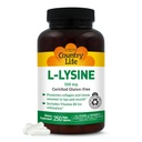 Country Life L-Lysine 500mg με B-6, Υποστηρίζει την Ανοσοποιητική Υγεία, προωθεί την ανανέωση κολλαγόνου σε χείλη και στόμα, 250 κάψουλες Vegan, Certified Gluten Free, Certified Vegan
