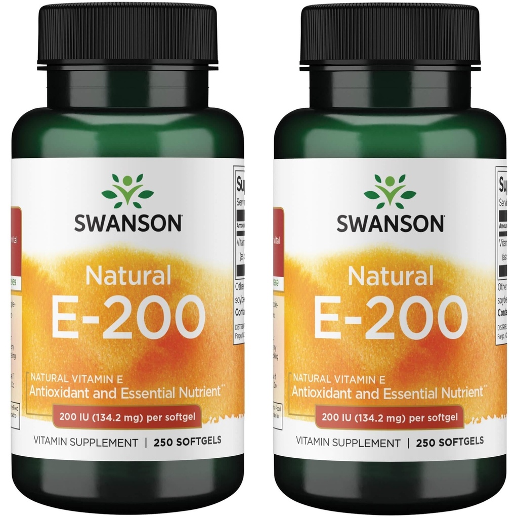 Swanson Natural Vitamin E Heart Health and Tissue Protection Supplement for Adults Seeking Antioxidant Support - 200 IU (134.2 mg) (250 Softgels, 2 Pack)