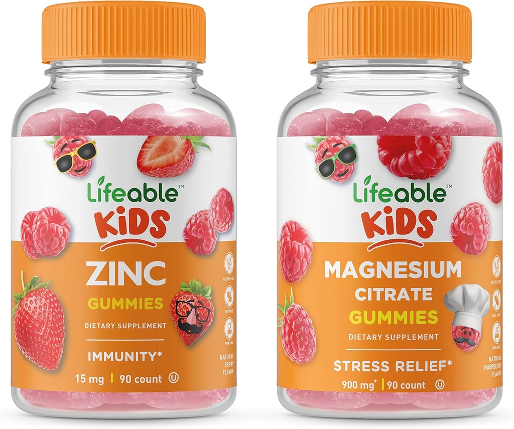 Lifeable Magnesium Kids + Zinc Kids, Gummies Bundle - Great Tasting, Vitamin Supplement, Gluten Free, GMO Free, Chewable Gummy
