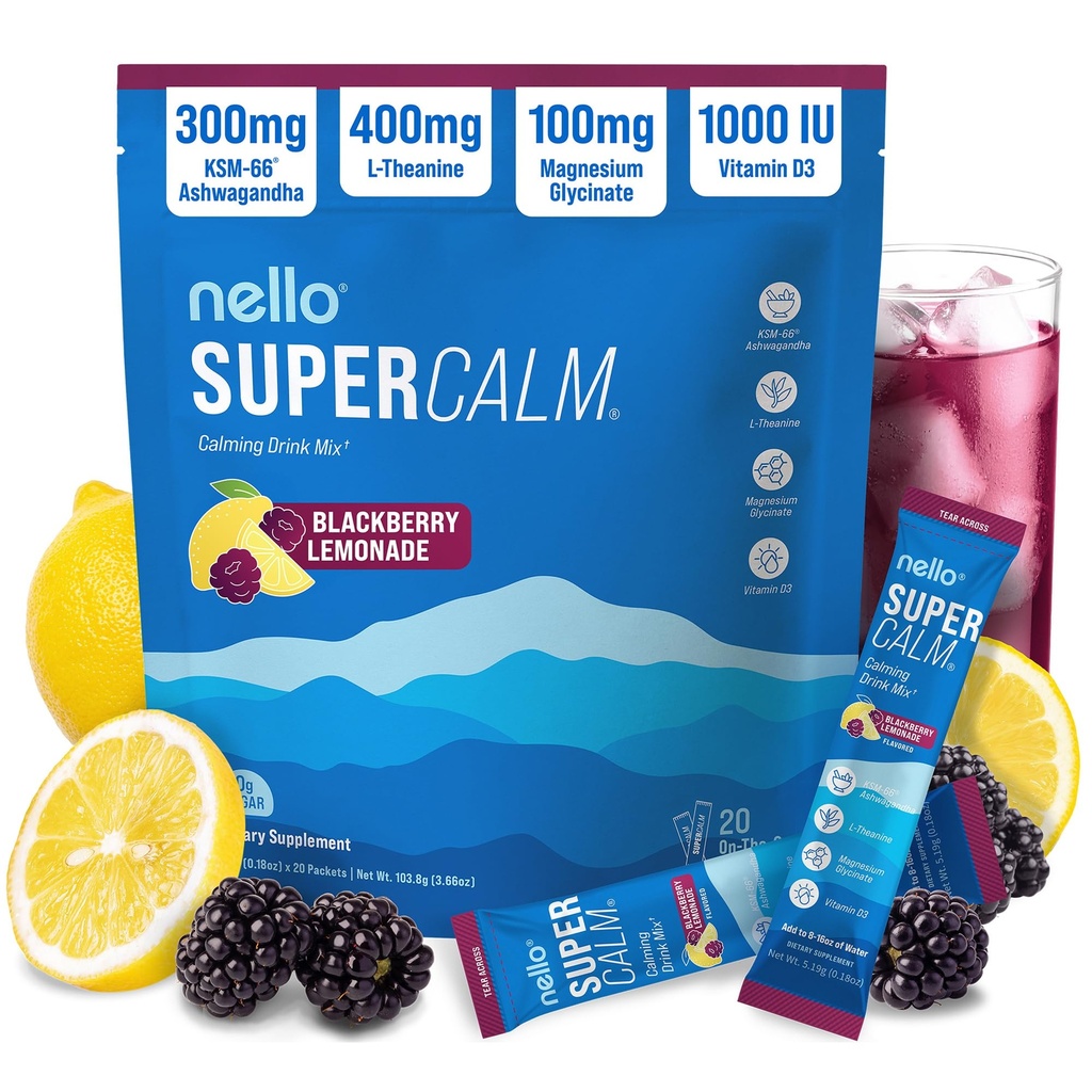 Nello Supercalm Powdered Drink Mix, Cortisol Reducer*, Sleep Aid Supplement, L Theanine, Ksm-66 Ashwagandha, Magnesium Glycinate, Vitamin D 3, No Sugar, Non GMO, 20 Ct, BlackBerry Lemonade