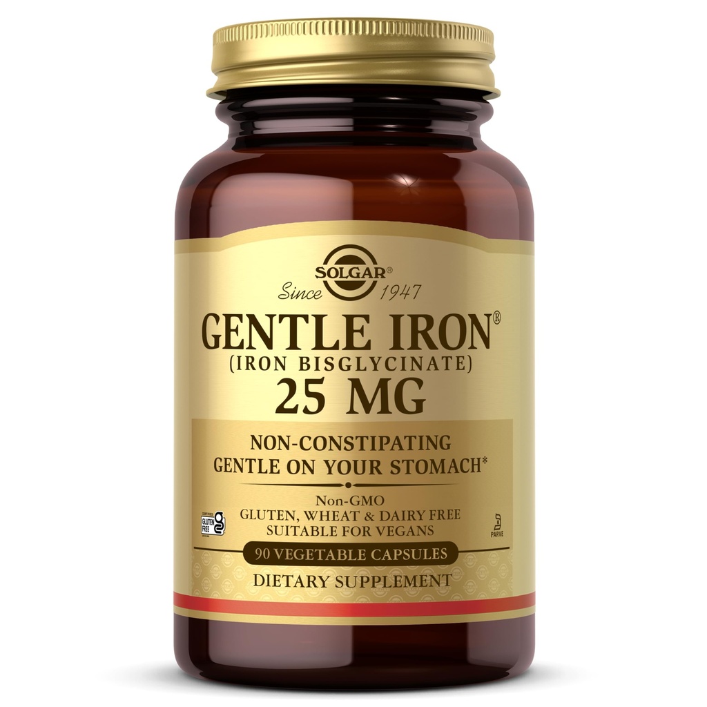 Solgar Gentle Iron 25mg, 90 κάψουλες λαχανικών - Ενέργεια, Κανονική παραγωγή ερυθρών αιμοσφαιρίων - Απαλή στο στομάχι - Μη-ΓΤΟ, Vegan, Χωρίς γλουτένη, Χωρίς γαλακτοκομικά, Kosher - 90 Σερβιέτες