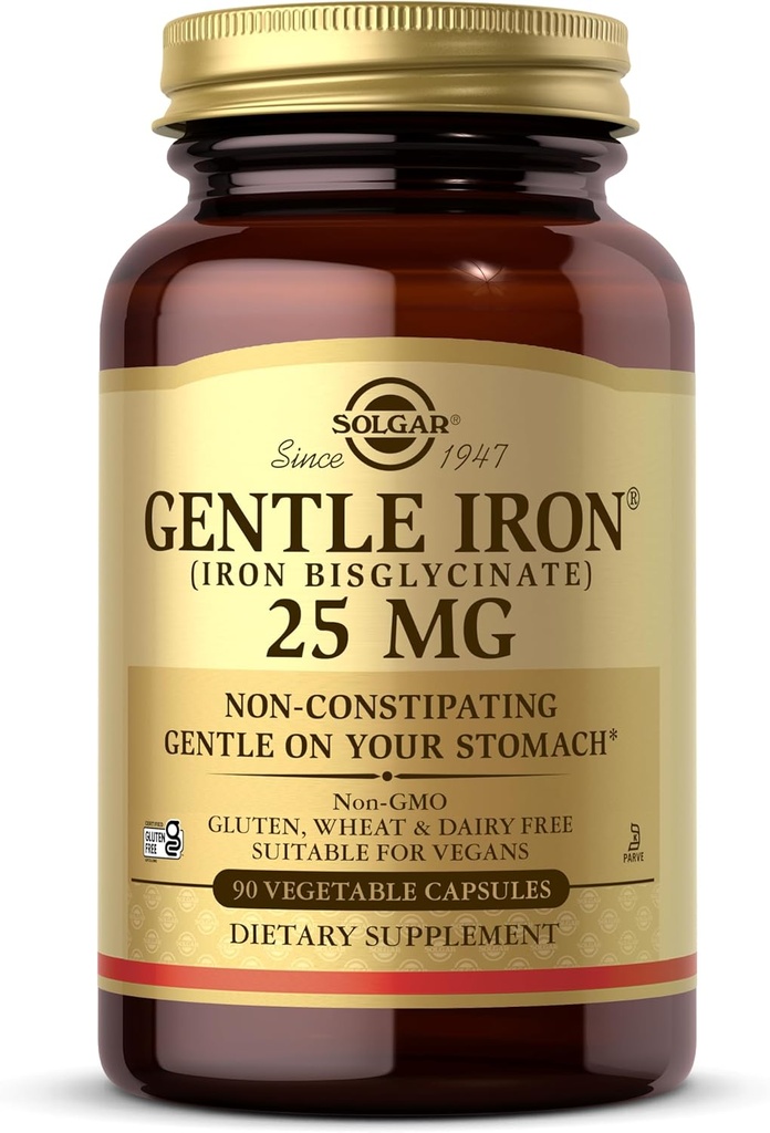 Solgar Gentle Iron 25mg, 90 κάψουλες λαχανικών - Ενέργεια, Κανονική παραγωγή ερυθρών αιμοσφαιρίων - Απαλή στο στομάχι - Μη-ΓΤΟ, Vegan, Χωρίς γλουτένη, Χωρίς γαλακτοκομικά, Kosher - 90 Σερβιέτες