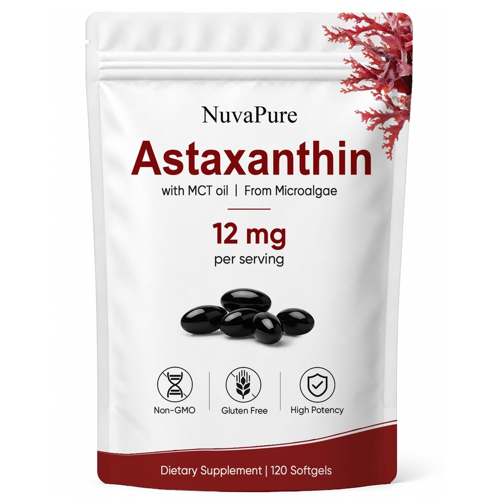 NuvaPure Astaxanthin 12mg with MCT Oil, Natural Astaxanthin from Haematococcus Pluvialis Microalgae, Daily Antioxidant Support Softgels, Non-GMO, Gluten-Free, Soy-Free, 120 Count (1)