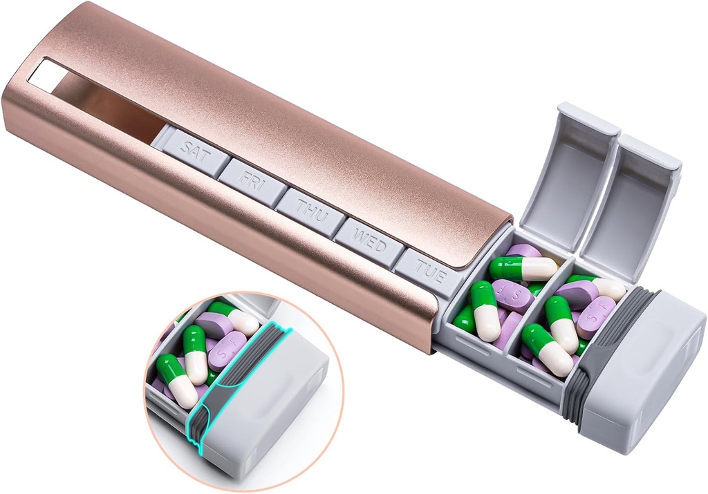 Daviky Metal Travel Pill Organizer, Premium Aluminum Pill Box 7 Day, Weekly Daily Pill Case, Stylish&Cute Pill Holder for Medicines, Supplements and Vitamins (Pink+Gray)