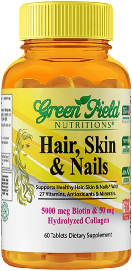 Greenfield Διατροφές Δισκίο Halal Biotin για Ενηλίκους - 60 Χαλάλη Πολυβιταμίνη για Δέρμα μαλλιών και νύχια - Υψηλή δραστικότητα 5000mcg Βιοτίνη με 50mg Κολλαγόνο και Ορυκτά - Ζελατίνη Χωρίς Γλουτένη, Μη ΓΤΟ Βιταμίνη